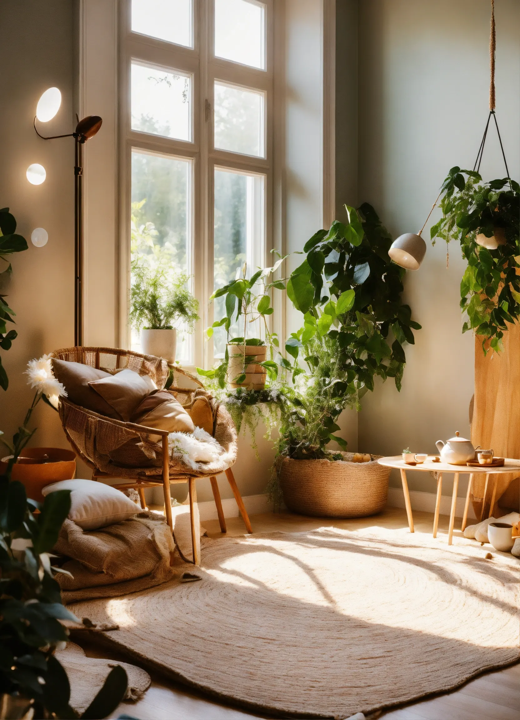 Bright living room with sustainable bamboo furniture and natural textiles